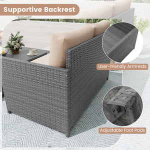 Crafted from premium mixed gray PE rattan for long-lasting elegance<br>Includes 2 back cushions  1 ottoman cushion and 1 seat cushion<br>Adjustable footpads of loveseat for higher stability<br>Zippered cushion covers offer easy maintenance<br>Ottoman cush