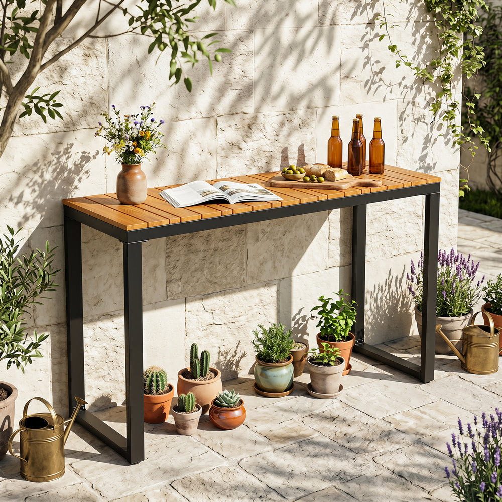 Slatted acacia wood tabletopÂ with natural wood grain <br>Supported by aÂ robust metal structureÂ for enhanced stability and high strength <br>Reinforcing crossbarsÂ for improved overall stability <br>Comes withÂ adjustable foot padsÂ that adapt to the un