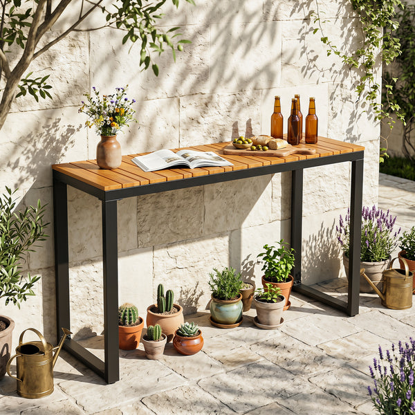 Slatted acacia wood tabletopÂ with natural wood grain <br>Supported by aÂ robust metal structureÂ for enhanced stability and high strength <br>Reinforcing crossbarsÂ for improved overall stability <br>Comes withÂ adjustable foot padsÂ that adapt to the un