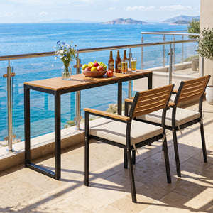 Slatted acacia wood tabletopÂ with natural wood grain <br>Supported by aÂ robust metal structureÂ for enhanced stability and high strength <br>Reinforcing crossbarsÂ for improved overall stability <br>Comes withÂ adjustable foot padsÂ that adapt to the un
