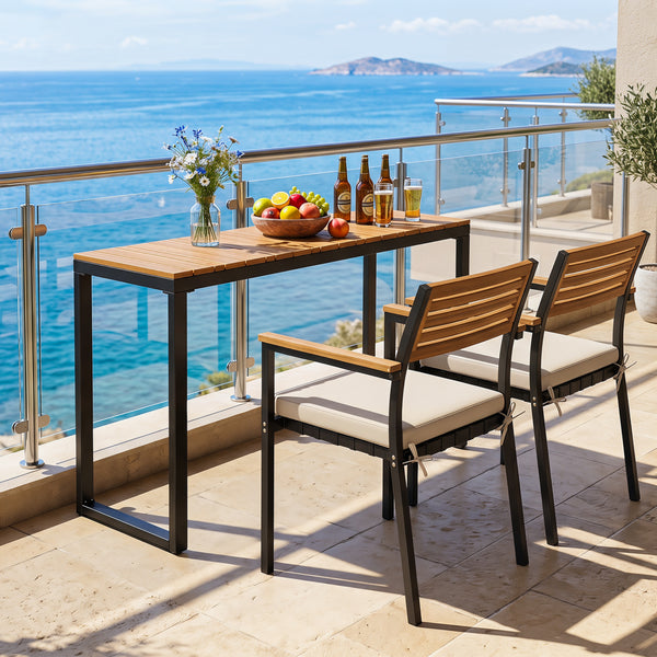 Slatted acacia wood tabletopÂ with natural wood grain <br>Supported by aÂ robust metal structureÂ for enhanced stability and high strength <br>Reinforcing crossbarsÂ for improved overall stability <br>Comes withÂ adjustable foot padsÂ that adapt to the un
