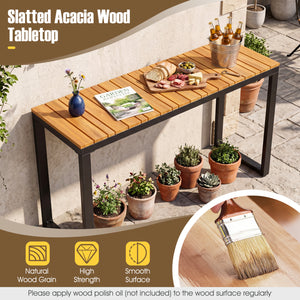 Slatted acacia wood tabletopÂ with natural wood grain <br>Supported by aÂ robust metal structureÂ for enhanced stability and high strength <br>Reinforcing crossbarsÂ for improved overall stability <br>Comes withÂ adjustable foot padsÂ that adapt to the un