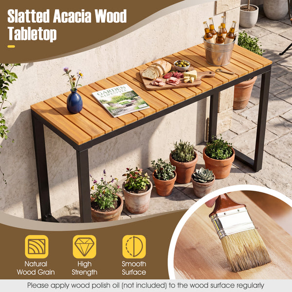 Slatted acacia wood tabletopÂ with natural wood grain <br>Supported by aÂ robust metal structureÂ for enhanced stability and high strength <br>Reinforcing crossbarsÂ for improved overall stability <br>Comes withÂ adjustable foot padsÂ that adapt to the un