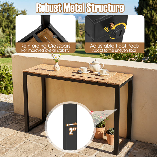 Slatted acacia wood tabletopÂ with natural wood grain <br>Supported by aÂ robust metal structureÂ for enhanced stability and high strength <br>Reinforcing crossbarsÂ for improved overall stability <br>Comes withÂ adjustable foot padsÂ that adapt to the un