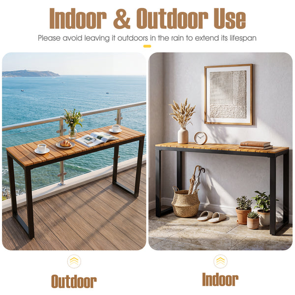 Slatted acacia wood tabletopÂ with natural wood grain <br>Supported by aÂ robust metal structureÂ for enhanced stability and high strength <br>Reinforcing crossbarsÂ for improved overall stability <br>Comes withÂ adjustable foot padsÂ that adapt to the un