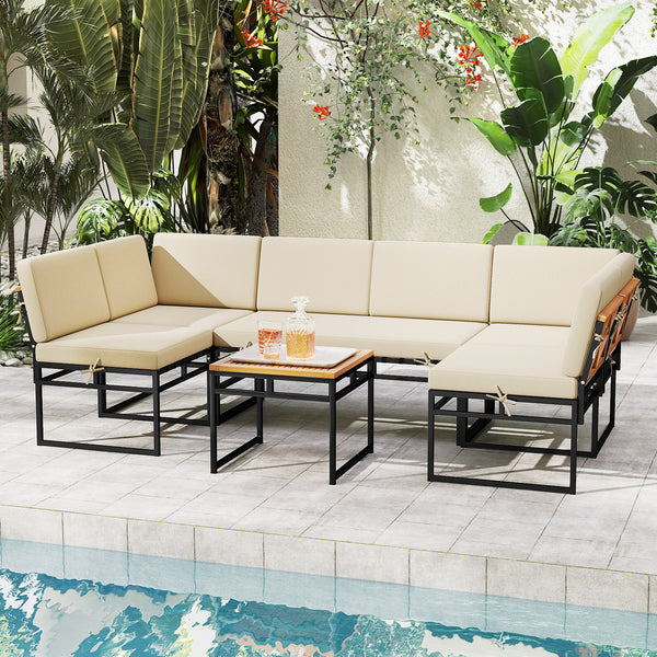 Heavy-duty metal frame offers strong support<br>Firm screw connection for strengthened structure<br>Acacia wood tabletop  armrest and backrest for natural elegance<br>Cross-woven bungee rope provides elasticity and support<br>Enjoy optimal cushioned comfo