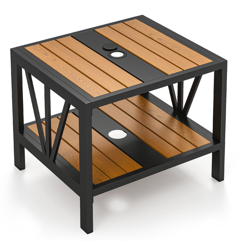 Enhance the overall stability with sturdy metal construction<br>Hold up to 110 lbs on the tabletop while supporting 55 lbs for the storage shelf<br>Provide more storage space and keep items within reach with a 2-tier convenience<br>1.57" umbrella hole wit