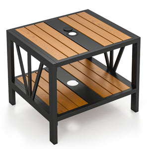 Enhance the overall stability with sturdy metal construction<br>Hold up to 110 lbs on the tabletop while supporting 55 lbs for the storage shelf<br>Provide more storage space and keep items within reach with a 2-tier convenience<br>1.57" umbrella hole wit