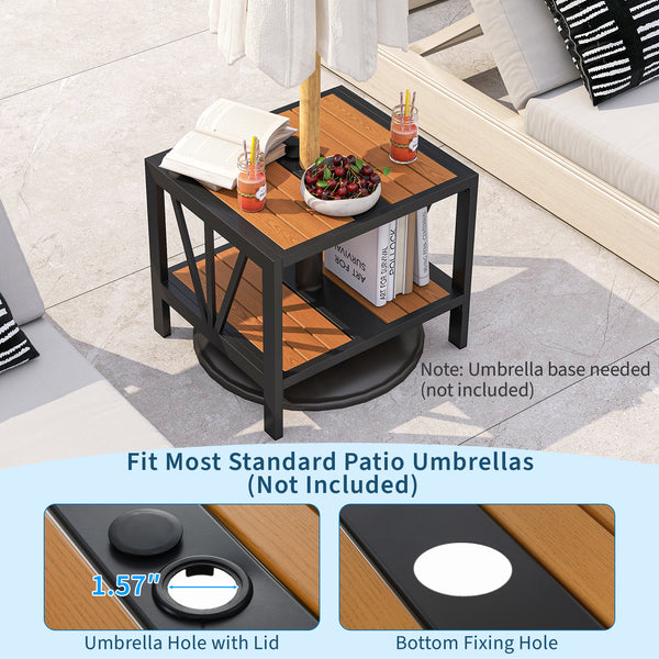 Enhance the overall stability with sturdy metal construction<br>Hold up to 110 lbs on the tabletop while supporting 55 lbs for the storage shelf<br>Provide more storage space and keep items within reach with a 2-tier convenience<br>1.57" umbrella hole wit