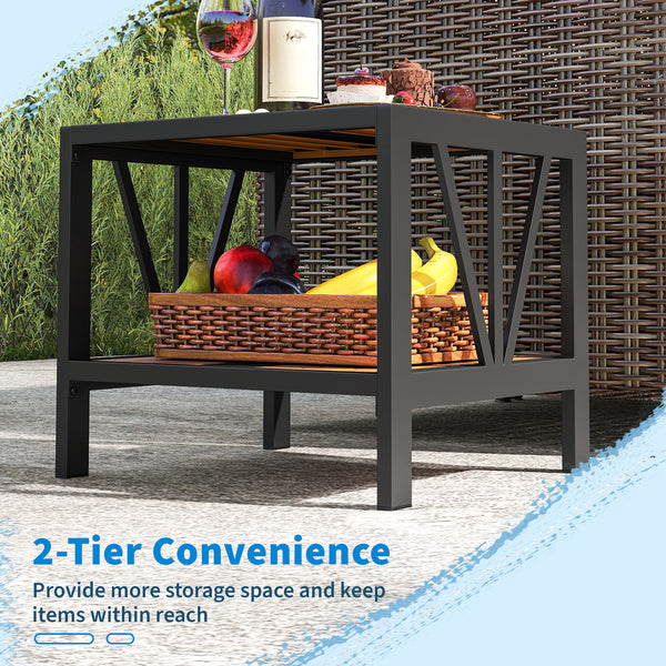 Enhance the overall stability with sturdy metal construction<br>Hold up to 110 lbs on the tabletop while supporting 55 lbs for the storage shelf<br>Provide more storage space and keep items within reach with a 2-tier convenience<br>1.57" umbrella hole wit