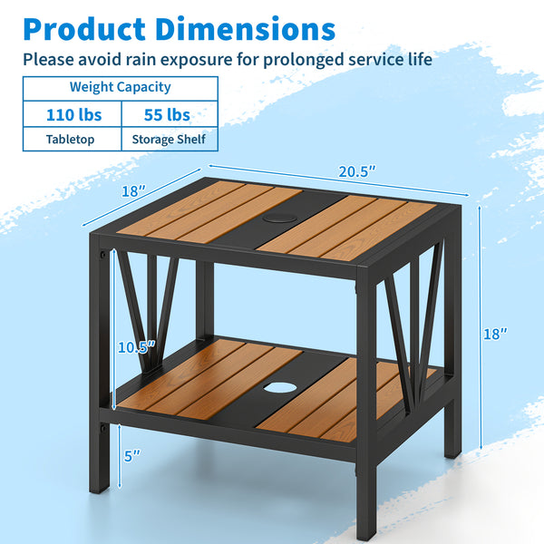 Enhance the overall stability with sturdy metal construction<br>Hold up to 110 lbs on the tabletop while supporting 55 lbs for the storage shelf<br>Provide more storage space and keep items within reach with a 2-tier convenience<br>1.57" umbrella hole wit