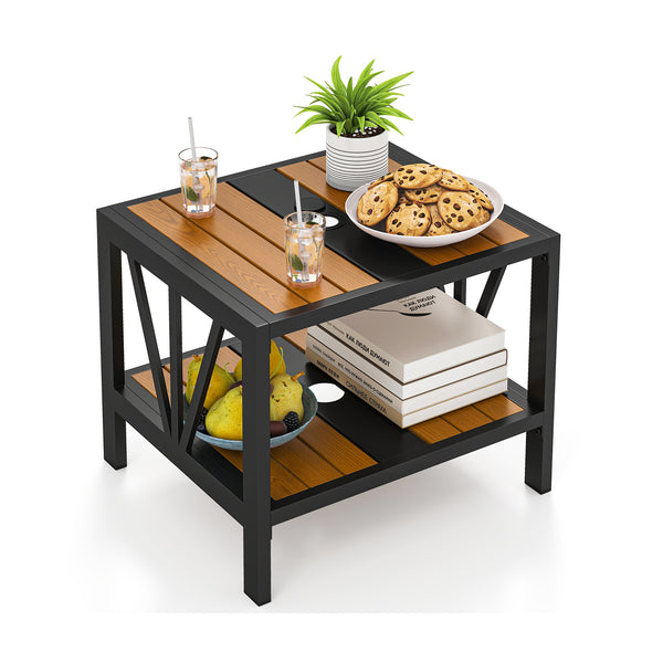 Enhance the overall stability with sturdy metal construction<br>Hold up to 110 lbs on the tabletop while supporting 55 lbs for the storage shelf<br>Provide more storage space and keep items within reach with a 2-tier convenience<br>1.57" umbrella hole wit