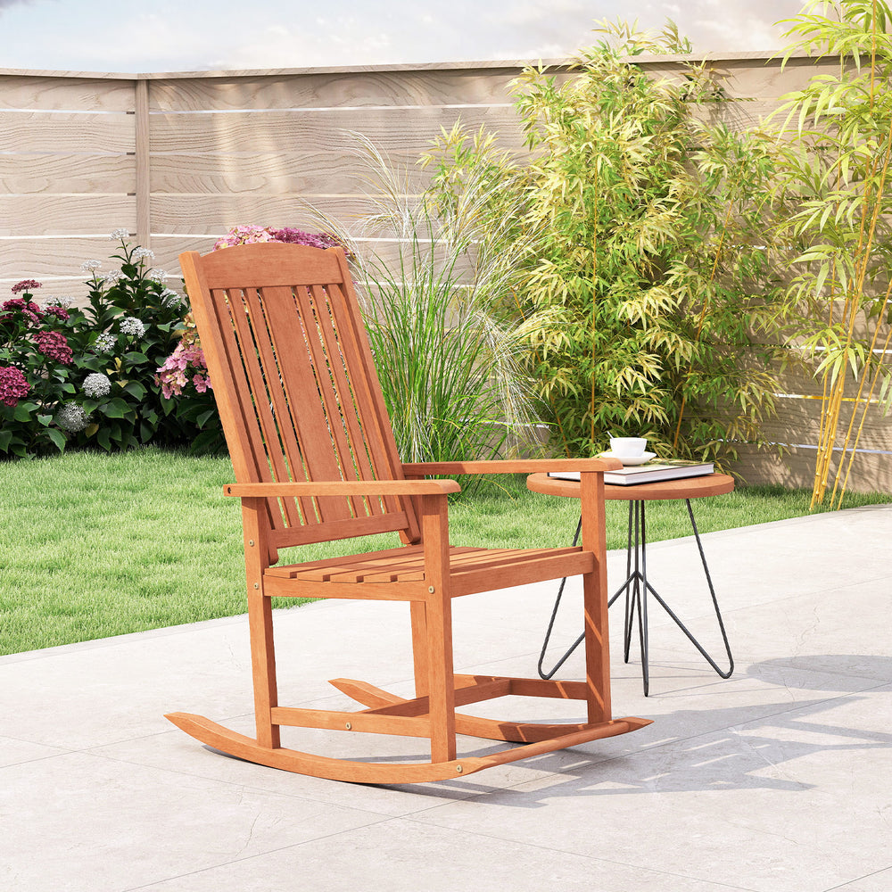 Selected solid wood for long-lasting durability<br>Soothing rocking allows you to relax in the great outdoors<br>Anti-rollover devices at the bottom for secure use<br>DIY your own rocking chair with different colors<br>104Â° high backrest and contoured se