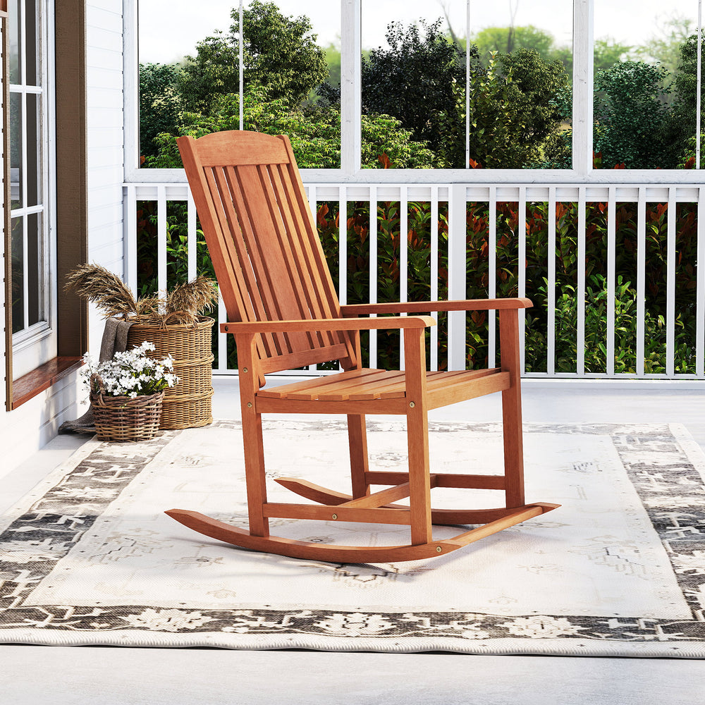 Selected solid wood for long-lasting durability<br>Soothing rocking allows you to relax in the great outdoors<br>Anti-rollover devices at the bottom for secure use<br>DIY your own rocking chair with different colors<br>104Â° high backrest and contoured se