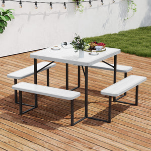The dining table with 4 benches could accommodate 4-8 people for comfy seating<br>Crafted from HDPE tabletop and bench seats  withstand outdoor elements<br>Adopts waterproof surfaces for easy cleaning  easy to maintain with a damp cloth<br>Equipped with a