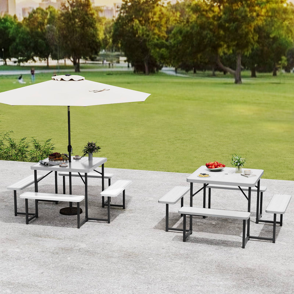 The dining table with 4 benches could accommodate 4-8 people for comfy seating<br>Crafted from HDPE tabletop and bench seats  withstand outdoor elements<br>Adopts waterproof surfaces for easy cleaning  easy to maintain with a damp cloth<br>Equipped with a