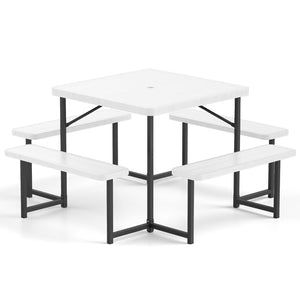 The dining table with 4 benches could accommodate 4-8 people for comfy seating<br>Crafted from HDPE tabletop and bench seats  withstand outdoor elements<br>Adopts waterproof surfaces for easy cleaning  easy to maintain with a damp cloth<br>Equipped with a