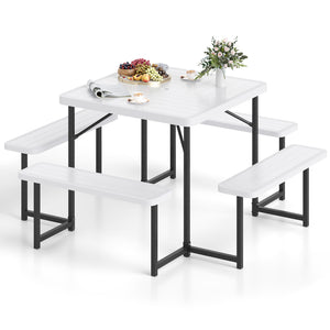 The dining table with 4 benches could accommodate 4-8 people for comfy seating<br>Crafted from HDPE tabletop and bench seats  withstand outdoor elements<br>Adopts waterproof surfaces for easy cleaning  easy to maintain with a damp cloth<br>Equipped with a