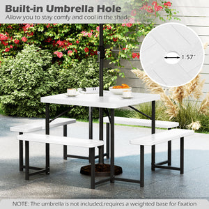 The dining table with 4 benches could accommodate 4-8 people for comfy seating<br>Crafted from HDPE tabletop and bench seats  withstand outdoor elements<br>Adopts waterproof surfaces for easy cleaning  easy to maintain with a damp cloth<br>Equipped with a