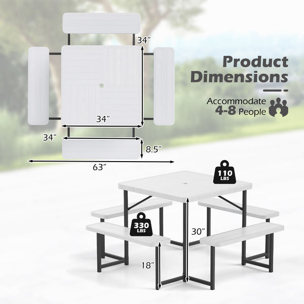 The dining table with 4 benches could accommodate 4-8 people for comfy seating<br>Crafted from HDPE tabletop and bench seats  withstand outdoor elements<br>Adopts waterproof surfaces for easy cleaning  easy to maintain with a damp cloth<br>Equipped with a