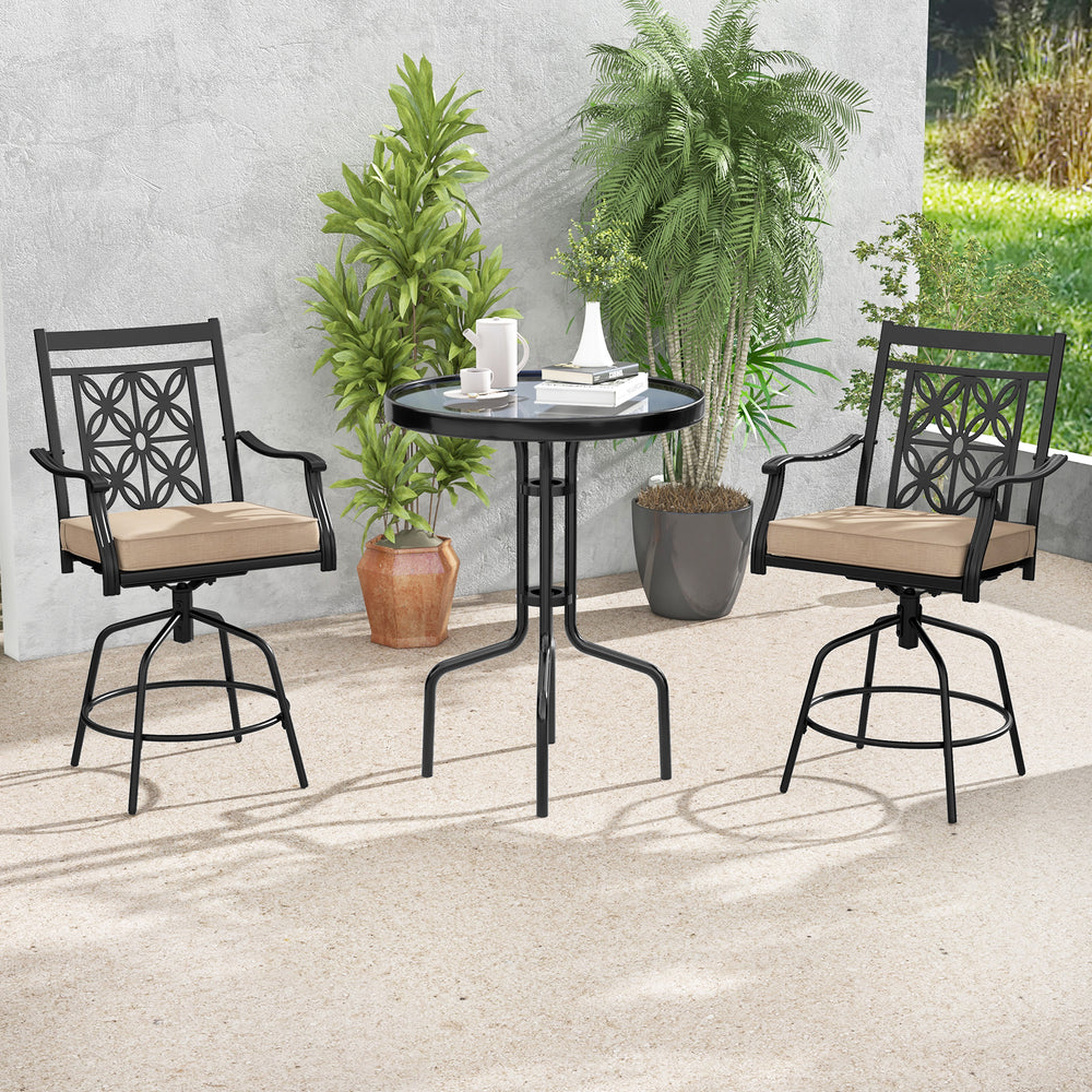 360 degree swivel function allows for convenient rotation to any direction<br>Soft and comfortable cushion provides cozy seating experience<br>Fixing buckles keep seat cushions securely attached to stools<br>Removable cover for easy cleaning and maintenan