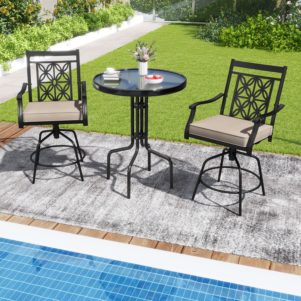 360 degree swivel function allows for convenient rotation to any direction<br>Soft and comfortable cushion provides cozy seating experience<br>Fixing buckles keep seat cushions securely attached to stools<br>Removable cover for easy cleaning and maintenan