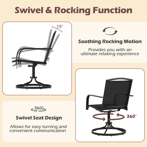 360Â° swivel seat allows you to enjoy unrestricted conversation<br>Gentle rocking motion offers added relaxation<br>High backrest and built-in armrests ensure cozy sitting posture<br>Breathable and quick drying seat ensure a sweat-free experience<br>Sturd