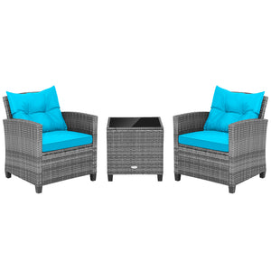 Including 1 table  2 chairs  2 seat cushions  2 back cushions and 1 Instruction<br>Please always keep cushions dry and avoid rain exposure<br>Soft seat and back cushions offer you more comfort<br>Zippered design makes the seat cushion cover easy to remove