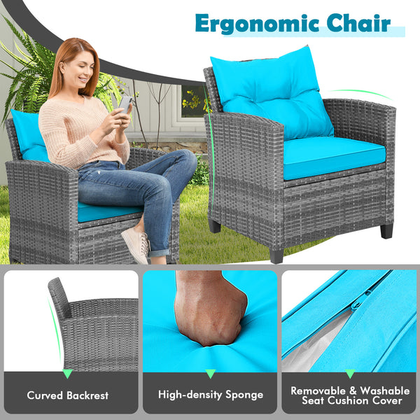 Including 1 table  2 chairs  2 seat cushions  2 back cushions and 1 Instruction<br>Please always keep cushions dry and avoid rain exposure<br>Soft seat and back cushions offer you more comfort<br>Zippered design makes the seat cushion cover easy to remove