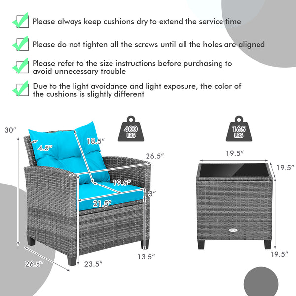 Including 1 table  2 chairs  2 seat cushions  2 back cushions and 1 Instruction<br>Please always keep cushions dry and avoid rain exposure<br>Soft seat and back cushions offer you more comfort<br>Zippered design makes the seat cushion cover easy to remove