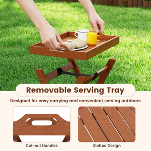 Solid wood construction for reliable support and natural beauty<br>Rich grain glows with natural beauty to add rustic charm to your space<br>Designed for easy carrying and convenient serving outdoors with removable tray<br>Side cut-out handles for great c