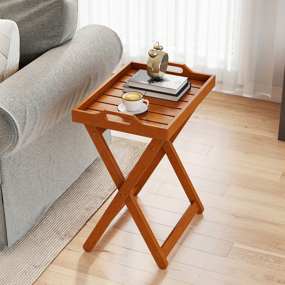 Solid wood construction for reliable support and natural beauty<br>Rich grain glows with natural beauty to add rustic charm to your space<br>Designed for easy carrying and convenient serving outdoors with removable tray<br>Side cut-out handles for great c