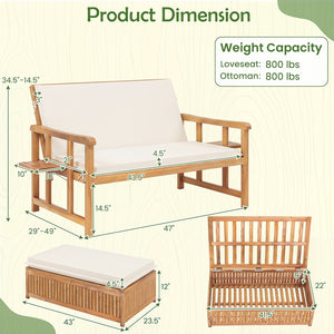 Â 4-level adjustable backrest meets your different relaxing demands<br>Â Acacia wood frame provides strong support and withstands the test of time<br>Â Both the loveseat and ottoman can load up to 360 kg<br>Â Cozy to sit with soft cushions and pillows<br>