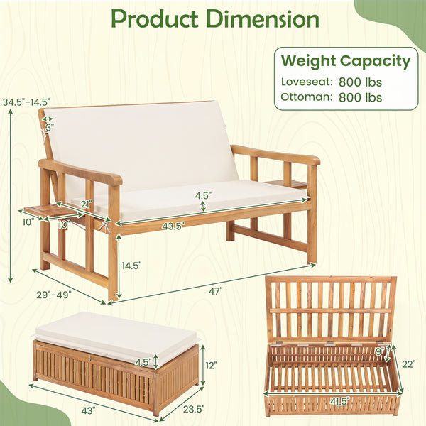 Â 4-level adjustable backrest meets your different relaxing demands<br>Â Acacia wood frame provides strong support and withstands the test of time<br>Â Both the loveseat and ottoman can load up to 360 kg<br>Â Cozy to sit with soft cushions and pillows<br>