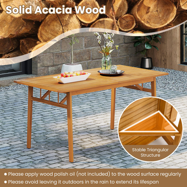 Crafted from 100% natural acacia wood  wear-resistant and reliable<br>Wide tabletop design  perfect for 4-6 guests  ideal for dining and socializing<br>1.97â€ Built-in umbrella hole with wooden cover<br>Classic rustic charm suits patios  backyards  garde