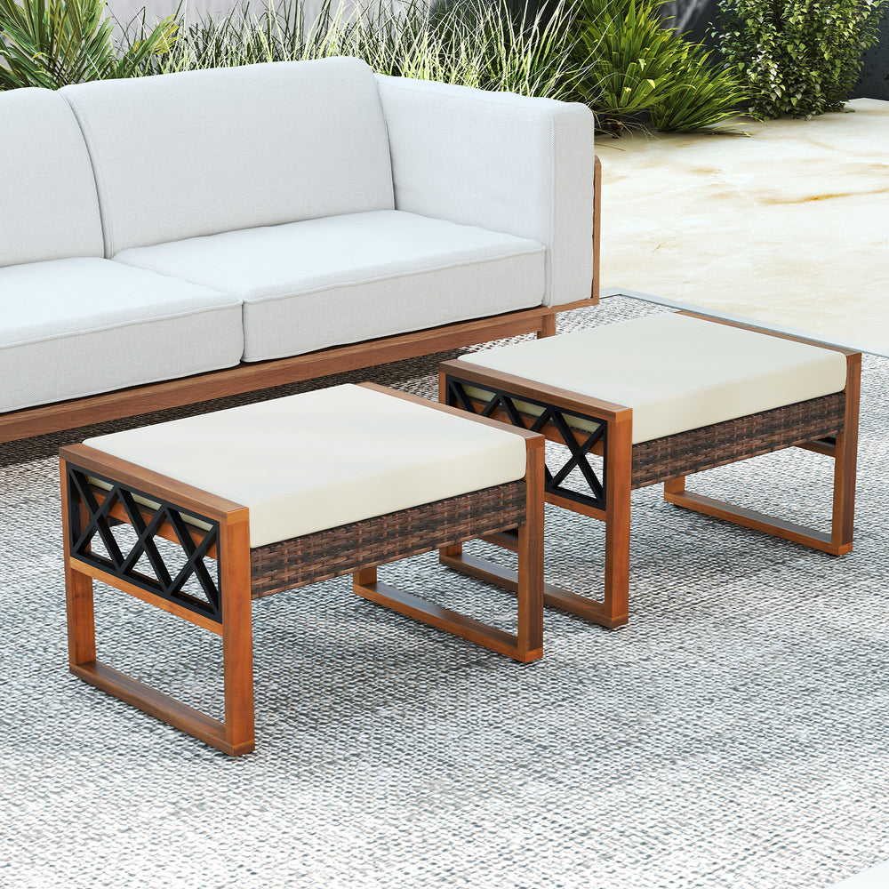 Can be used as footstools  extra seats  side tables for versatility<br>Hand-woven and sun-protective PE rattan blends longevity with beauty<br>Equipped with soft sponge-filled cushions for added comfort<br>Smooth zippers ensure easy cover removal as well 