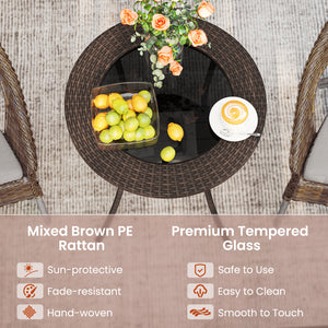 Hand-woven PE rattan is sun-protective and fade-resistant<br>The tempered glass is safe to use  smooth to touch and easy to clean<br>Secure the tabletop in place thanks to the suction cups<br>Ensure stable and reliable support with sturdy construction<br>