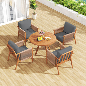 Boho-style woven rope armrests add natural aesthetic charm<br>High-strength acacia wood frame ensures lasting durability<br>Adjustable front foot pads ensure firmer placement<br>Reinforced crossbars under seat increase overall structural support<br>Thick 