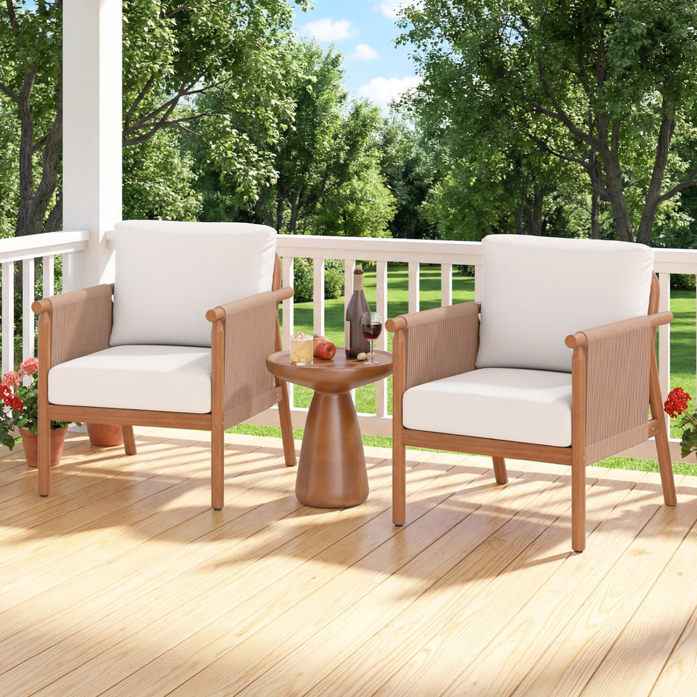 Boho-style woven rope armrests add natural aesthetic charm<br>High-strength acacia wood frame ensures lasting durability<br>Adjustable front foot pads ensure firmer placement<br>Reinforced crossbars under seat increase overall structural support<br>Thick 