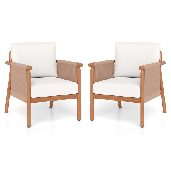 Boho-style woven rope armrests add natural aesthetic charm<br>High-strength acacia wood frame ensures lasting durability<br>Adjustable front foot pads ensure firmer placement<br>Reinforced crossbars under seat increase overall structural support<br>Thick 