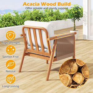 Boho-style woven rope armrests add natural aesthetic charm<br>High-strength acacia wood frame ensures lasting durability<br>Adjustable front foot pads ensure firmer placement<br>Reinforced crossbars under seat increase overall structural support<br>Thick 