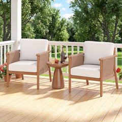 Boho-style woven rope armrests add natural aesthetic charm<br>High-strength acacia wood frame ensures lasting durability<br>Adjustable front foot pads ensure firmer placement<br>Reinforced crossbars under seat increase overall structural support<br>Thick 