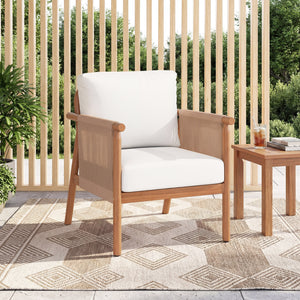 Boho-style woven rope armrests add natural aesthetic charm<br>High-strength acacia wood frame ensures lasting durability<br>Adjustable front foot pads ensure firmer placement<br>Reinforced crossbars under seat increase overall structural support<br>Thick 