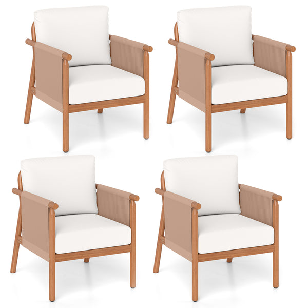 Boho-style woven rope armrests add natural aesthetic charm<br>High-strength acacia wood frame ensures lasting durability<br>Adjustable front foot pads ensure firmer placement<br>Reinforced crossbars under seat increase overall structural support<br>Thick 