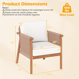 Boho-style woven rope armrests add natural aesthetic charm<br>High-strength acacia wood frame ensures lasting durability<br>Adjustable front foot pads ensure firmer placement<br>Reinforced crossbars under seat increase overall structural support<br>Thick 