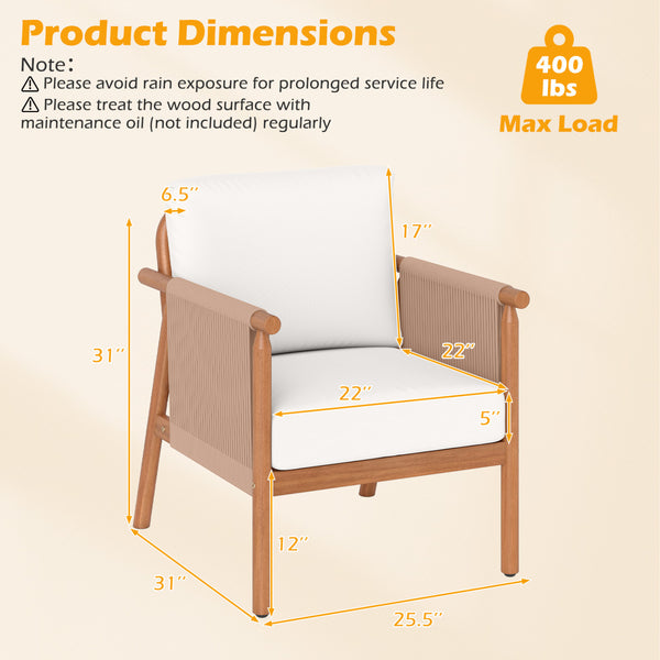 Boho-style woven rope armrests add natural aesthetic charm<br>High-strength acacia wood frame ensures lasting durability<br>Adjustable front foot pads ensure firmer placement<br>Reinforced crossbars under seat increase overall structural support<br>Thick 