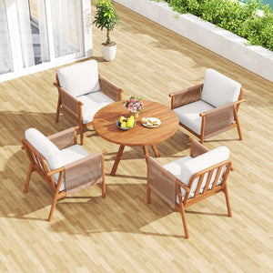 Boho-style woven rope armrests add natural aesthetic charm<br>High-strength acacia wood frame ensures lasting durability<br>Adjustable front foot pads ensure firmer placement<br>Reinforced crossbars under seat increase overall structural support<br>Thick 