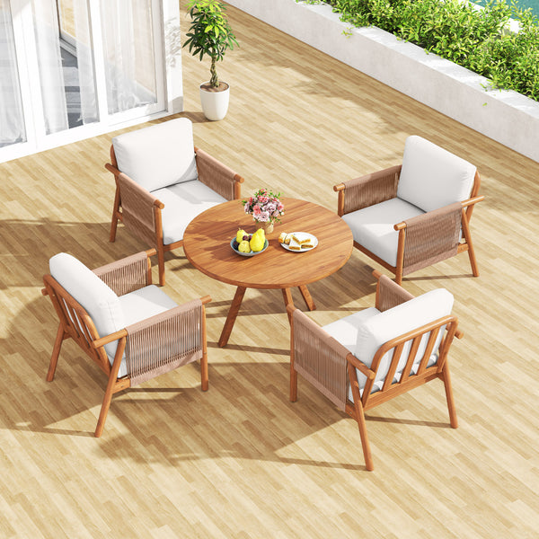 Boho-style woven rope armrests add natural aesthetic charm<br>High-strength acacia wood frame ensures lasting durability<br>Adjustable front foot pads ensure firmer placement<br>Reinforced crossbars under seat increase overall structural support<br>Thick 