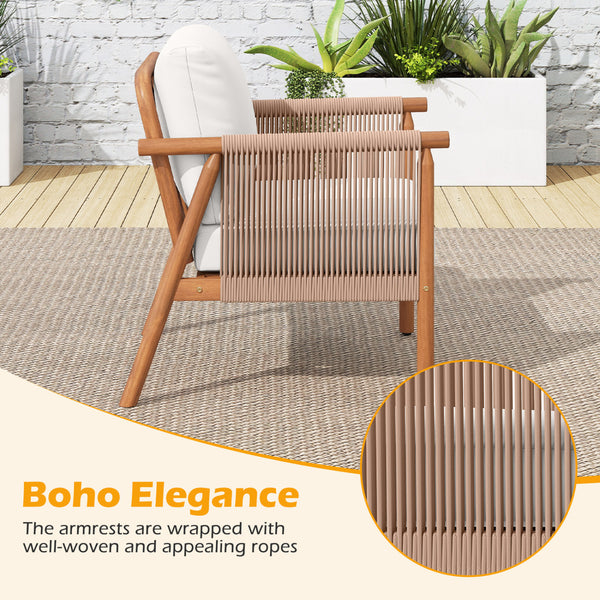 Boho-style woven rope armrests add natural aesthetic charm<br>High-strength acacia wood frame ensures lasting durability<br>Adjustable front foot pads ensure firmer placement<br>Reinforced crossbars under seat increase overall structural support<br>Thick 