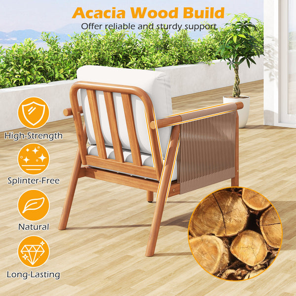 Boho-style woven rope armrests add natural aesthetic charm<br>High-strength acacia wood frame ensures lasting durability<br>Adjustable front foot pads ensure firmer placement<br>Reinforced crossbars under seat increase overall structural support<br>Thick 